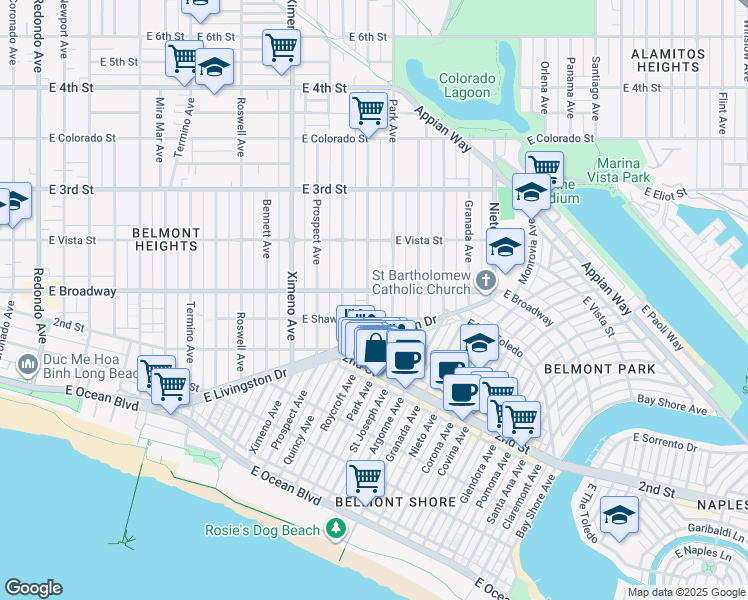 map of restaurants, bars, coffee shops, grocery stores, and more near 220 Roycroft Avenue in Long Beach