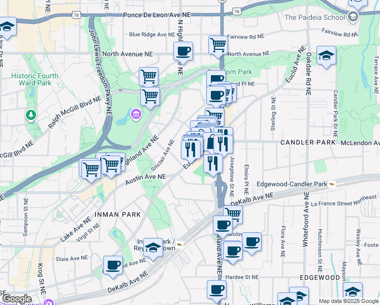 map of restaurants, bars, coffee shops, grocery stores, and more near 1080 Euclid Avenue Northeast in Atlanta