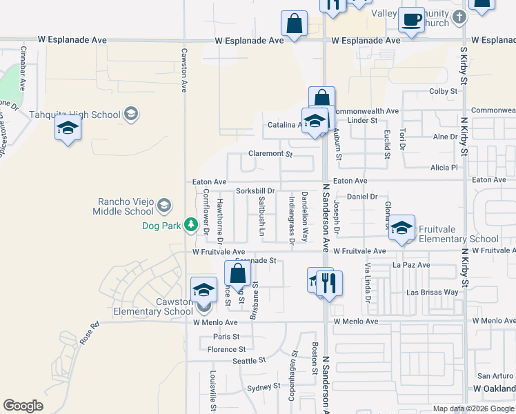 map of restaurants, bars, coffee shops, grocery stores, and more near 1043 Saltbush Lane in Hemet