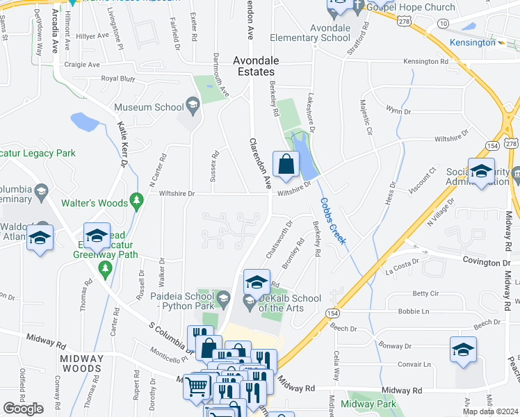 map of restaurants, bars, coffee shops, grocery stores, and more near 72 Sutton Place in Avondale Estates