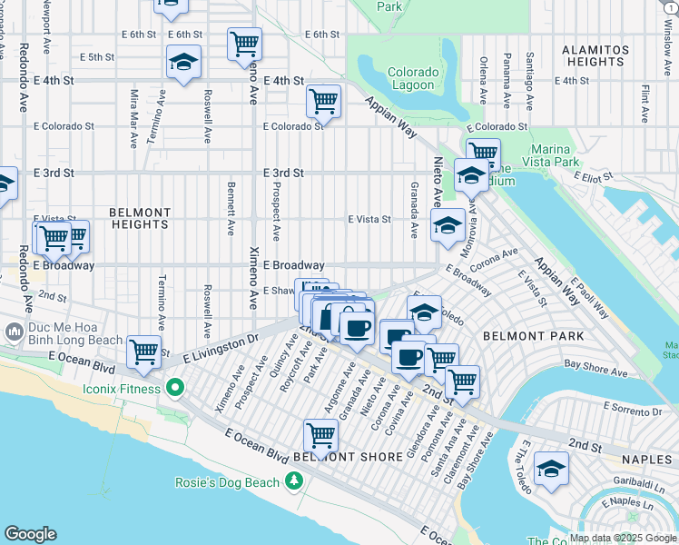 map of restaurants, bars, coffee shops, grocery stores, and more near 243 Park Avenue in Long Beach