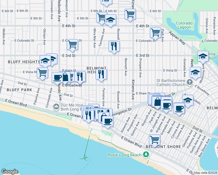 map of restaurants, bars, coffee shops, grocery stores, and more near 4107 East Shaw Street in Long Beach