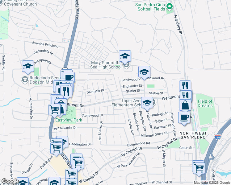 map of restaurants, bars, coffee shops, grocery stores, and more near 2046 Mount Shasta Drive in Los Angeles