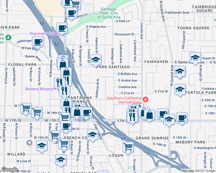 map of restaurants, bars, coffee shops, grocery stores, and more near 2027 Poinsettia Street North in Santa Ana