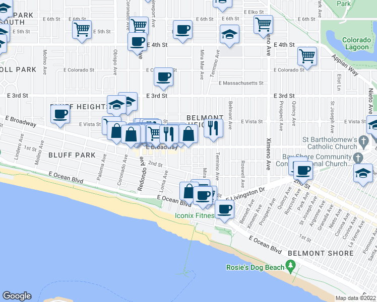 map of restaurants, bars, coffee shops, grocery stores, and more near 225 Grand Avenue in Long Beach