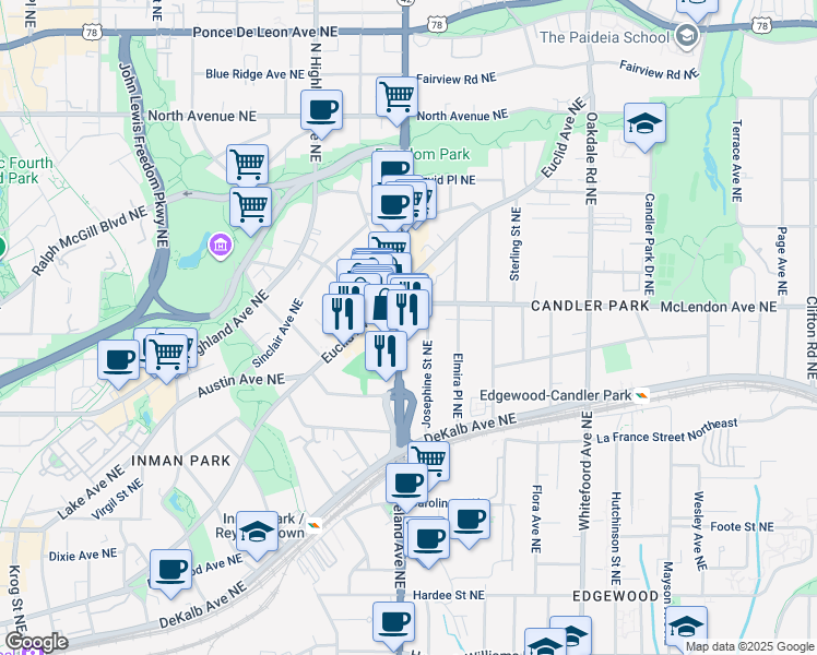 map of restaurants, bars, coffee shops, grocery stores, and more near 353 Moreland Avenue Northeast in Atlanta