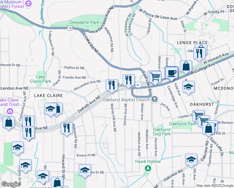 map of restaurants, bars, coffee shops, grocery stores, and more near 353 Murray Hill Avenue Northeast in Atlanta