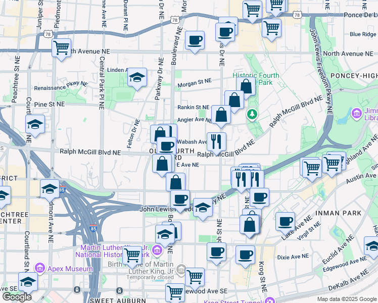 map of restaurants, bars, coffee shops, grocery stores, and more near 510 East Avenue Northeast in Atlanta