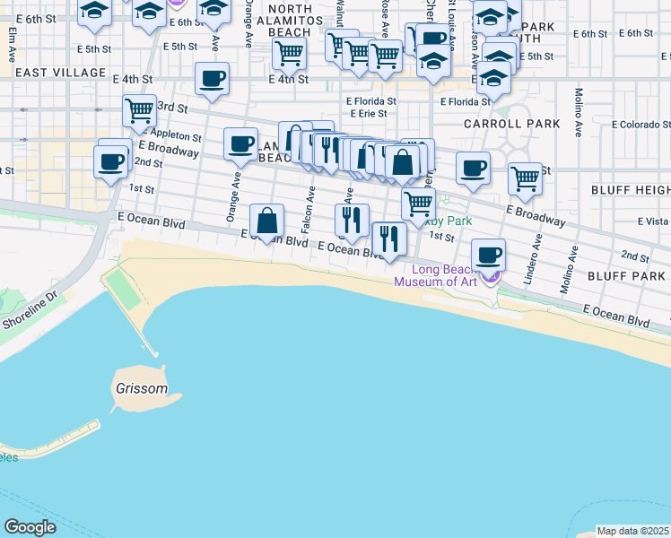 map of restaurants, bars, coffee shops, grocery stores, and more near 1710 Bluff Place in Long Beach