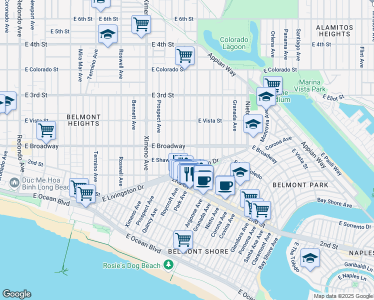 map of restaurants, bars, coffee shops, grocery stores, and more near 220 Roycroft Avenue in Long Beach