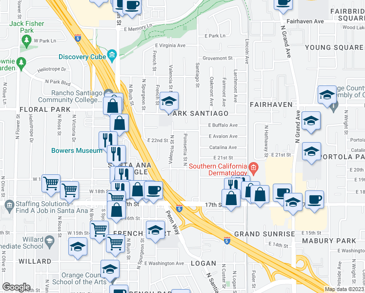 map of restaurants, bars, coffee shops, grocery stores, and more near 2110 Poinsettia Street North in Santa Ana
