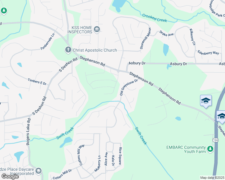 map of restaurants, bars, coffee shops, grocery stores, and more near 7205 Brushwood Bend in Lithonia