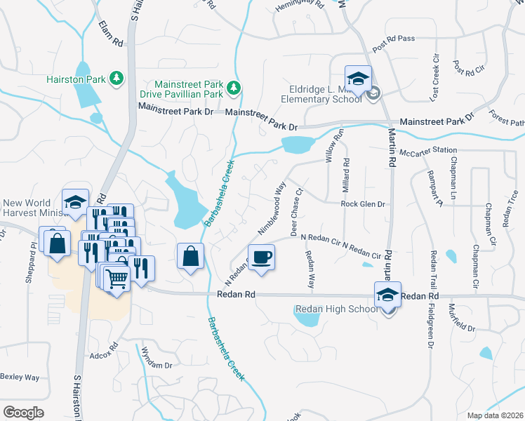 map of restaurants, bars, coffee shops, grocery stores, and more near 4944 Tivoli Park Court in Stone Mountain