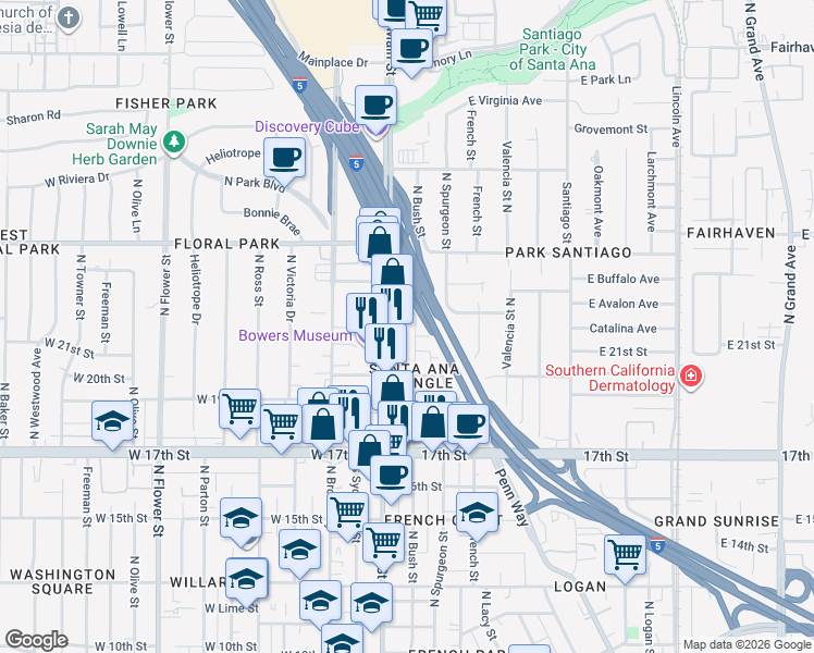 map of restaurants, bars, coffee shops, grocery stores, and more near 2052 North Bush Street in Santa Ana