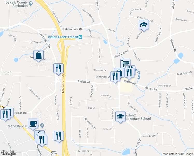 map of restaurants, bars, coffee shops, grocery stores, and more near 3973 Carlinswood Way in Stone Mountain