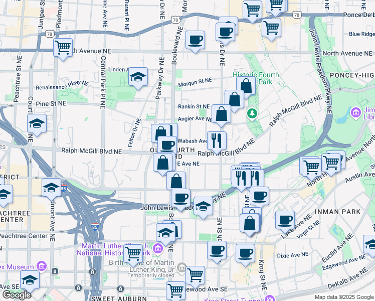 map of restaurants, bars, coffee shops, grocery stores, and more near 508 Ralph McGill Boulevard Northeast in Atlanta