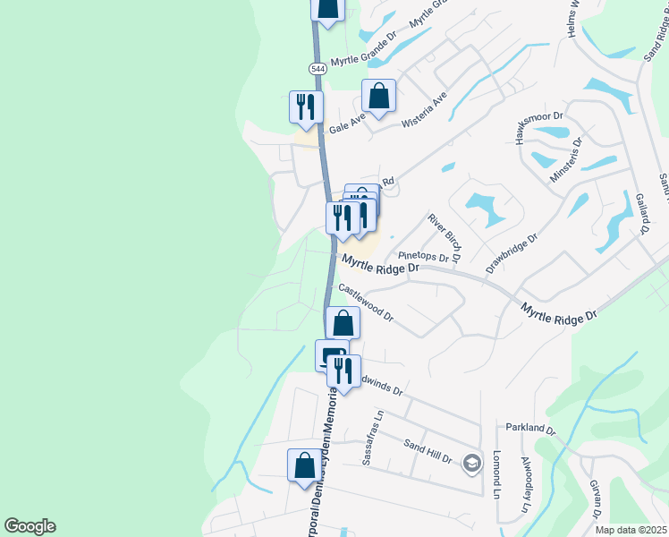 map of restaurants, bars, coffee shops, grocery stores, and more near 1933 South Carolina 544 in Conway