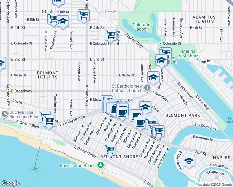 map of restaurants, bars, coffee shops, grocery stores, and more near 243 Park Avenue in Long Beach