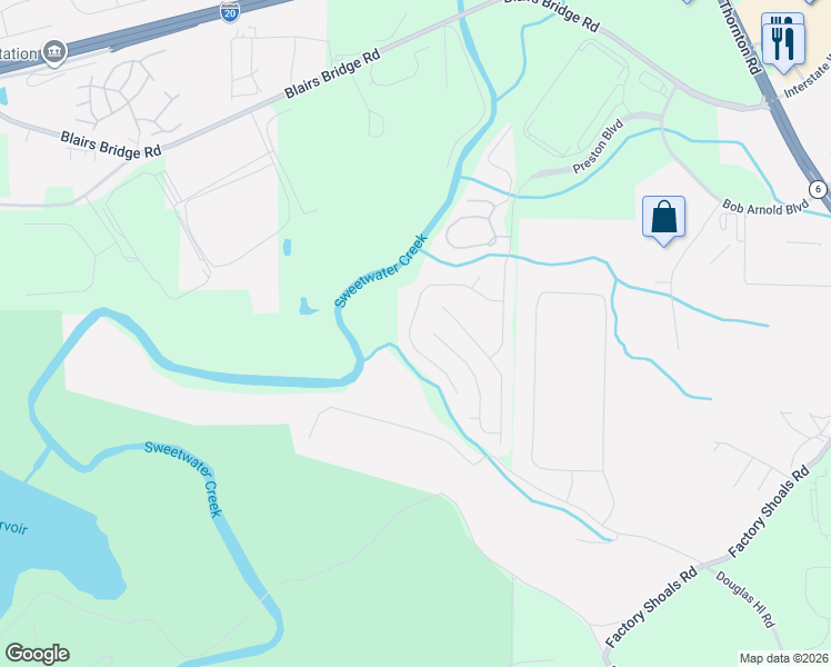 map of restaurants, bars, coffee shops, grocery stores, and more near 7628 Forest Glen Way in Lithia Springs