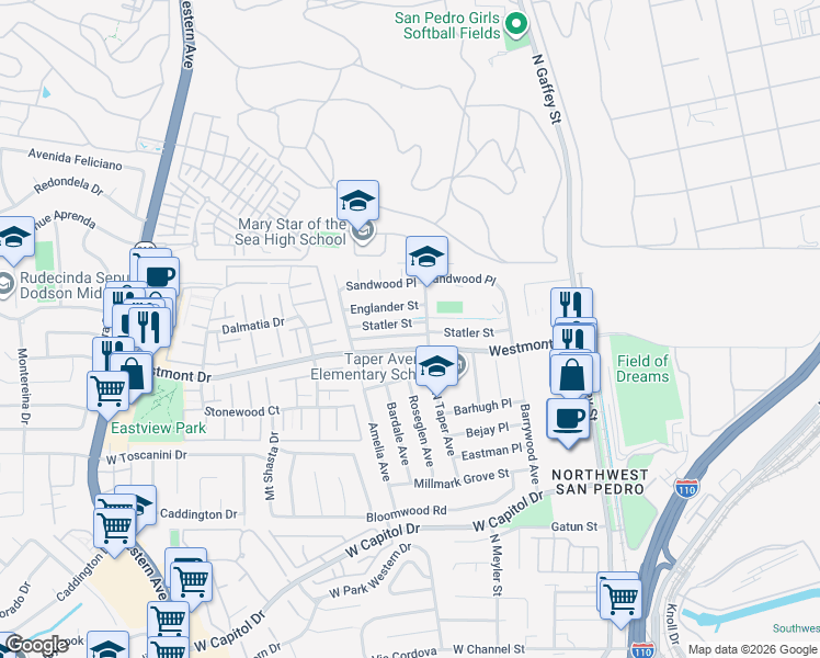 map of restaurants, bars, coffee shops, grocery stores, and more near 1021 Statler Street in Los Angeles