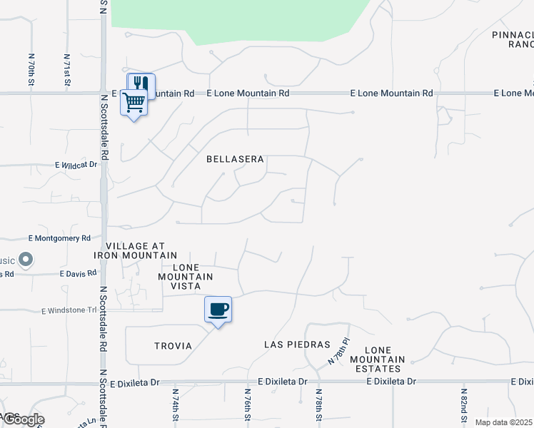 map of restaurants, bars, coffee shops, grocery stores, and more near 7664 East Moura Drive in Scottsdale