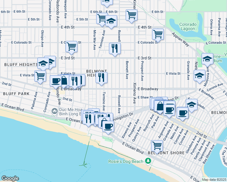 map of restaurants, bars, coffee shops, grocery stores, and more near 4107 East Shaw Street in Long Beach