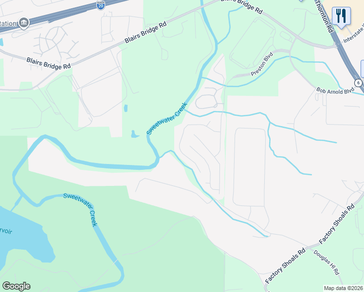 map of restaurants, bars, coffee shops, grocery stores, and more near 7628 Forest Glen Way in Lithia Springs