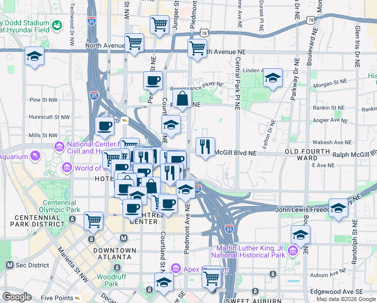 map of restaurants, bars, coffee shops, grocery stores, and more near Piedmont Avenue Northeast & Ralph McGill Boulevard Northeast in Atlanta