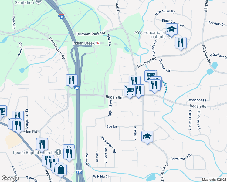 map of restaurants, bars, coffee shops, grocery stores, and more near 1067 Brittania Road in Stone Mountain