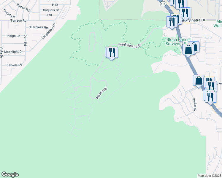map of restaurants, bars, coffee shops, grocery stores, and more near 27 Grande View Court in Rancho Mirage