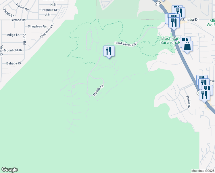 map of restaurants, bars, coffee shops, grocery stores, and more near 21 Mesa Vista Lane in Rancho Mirage