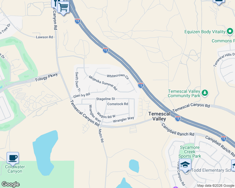 map of restaurants, bars, coffee shops, grocery stores, and more near 10311 Stageline Street in Corona