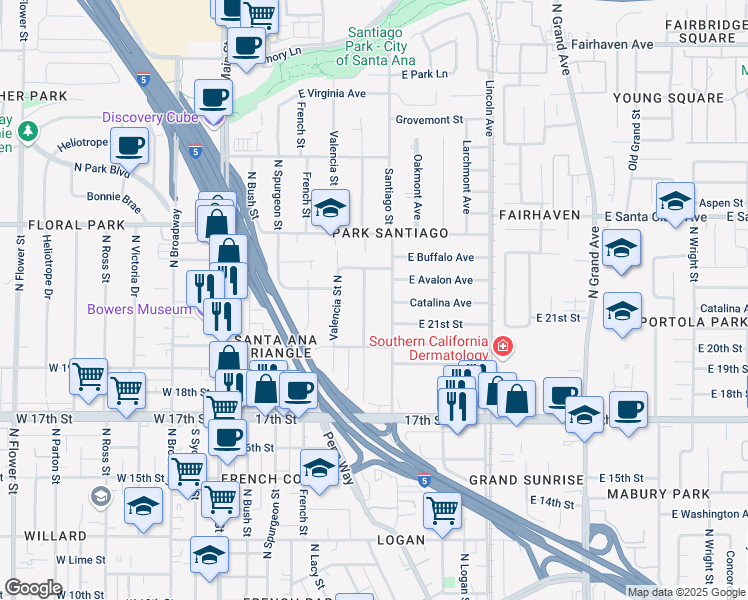 map of restaurants, bars, coffee shops, grocery stores, and more near 2027 Poinsettia Street North in Santa Ana