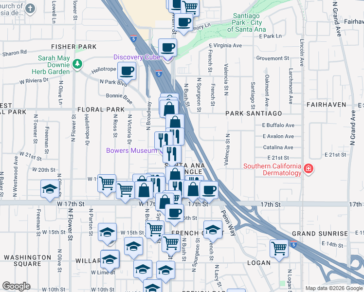 map of restaurants, bars, coffee shops, grocery stores, and more near 2025 North Main Street in Santa Ana