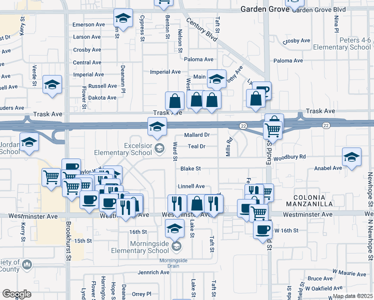 map of restaurants, bars, coffee shops, grocery stores, and more near 10572 Woodbury Road in Garden Grove