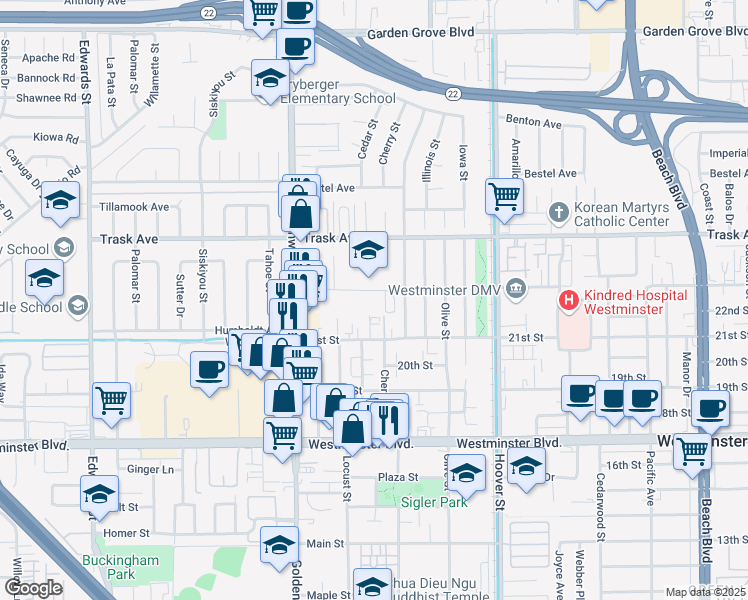 map of restaurants, bars, coffee shops, grocery stores, and more near 7181 21st Street in Westminster