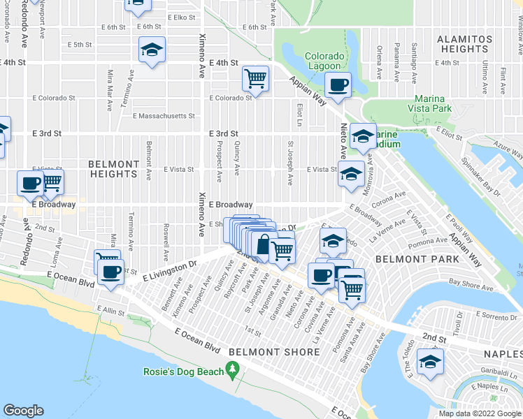map of restaurants, bars, coffee shops, grocery stores, and more near 213 Roycroft Avenue in Long Beach