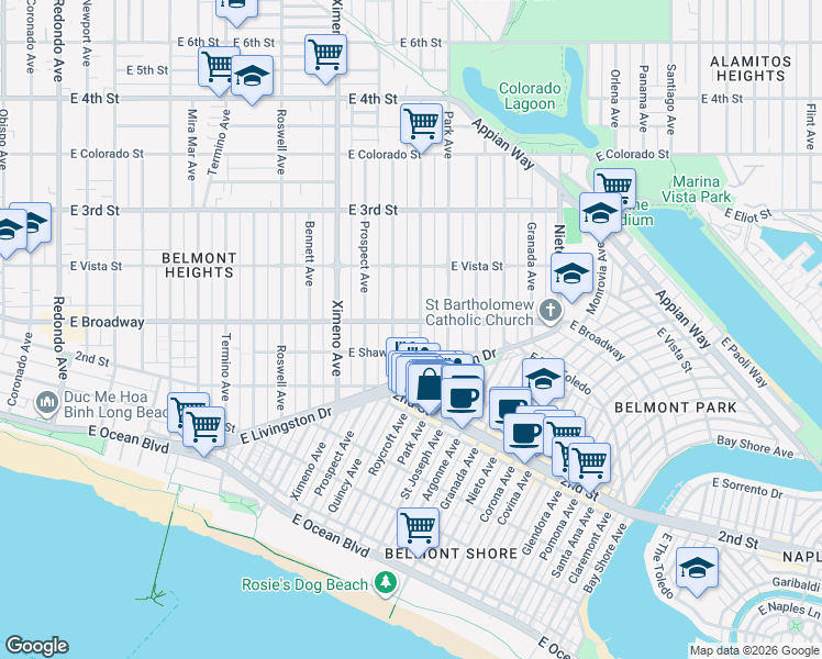 map of restaurants, bars, coffee shops, grocery stores, and more near 213 Roycroft Avenue in Long Beach