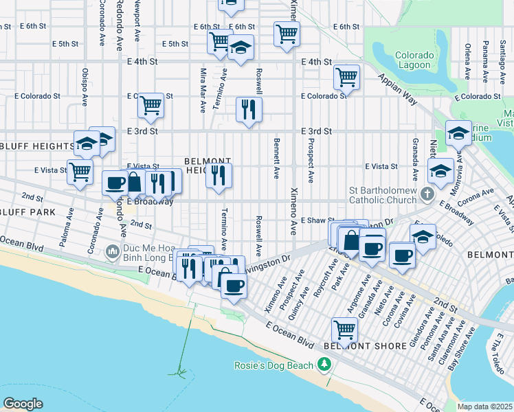 map of restaurants, bars, coffee shops, grocery stores, and more near 4107 East Shaw Street in Long Beach