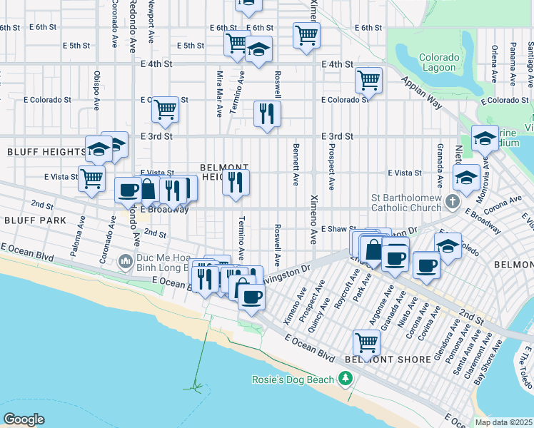 map of restaurants, bars, coffee shops, grocery stores, and more near 4107 East Shaw Street in Long Beach