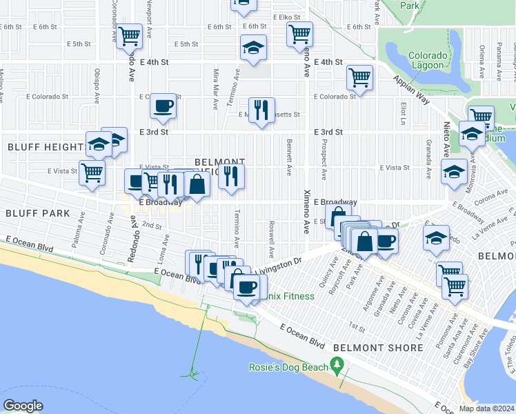 map of restaurants, bars, coffee shops, grocery stores, and more near 4107 East Shaw Street in Long Beach