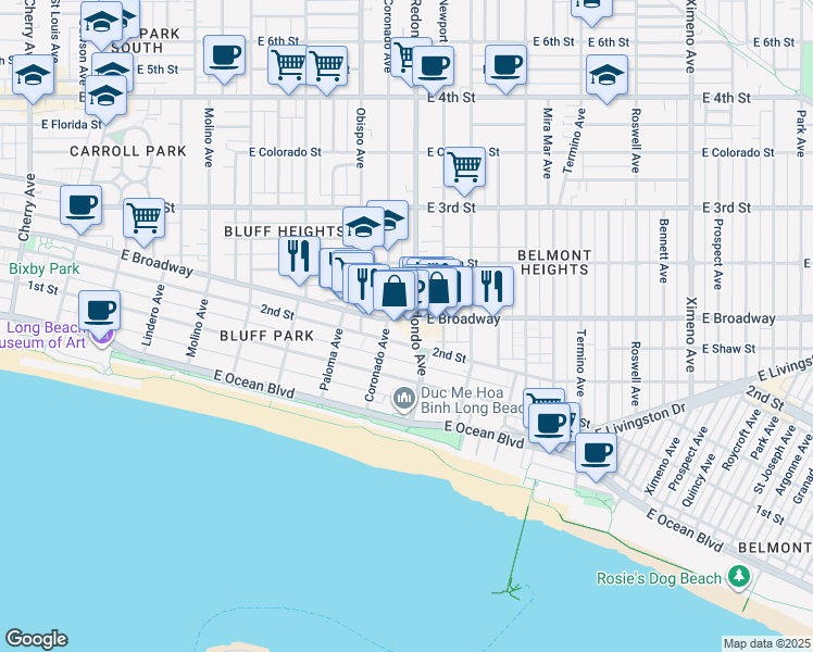 map of restaurants, bars, coffee shops, grocery stores, and more near 3300 2nd Street in Long Beach