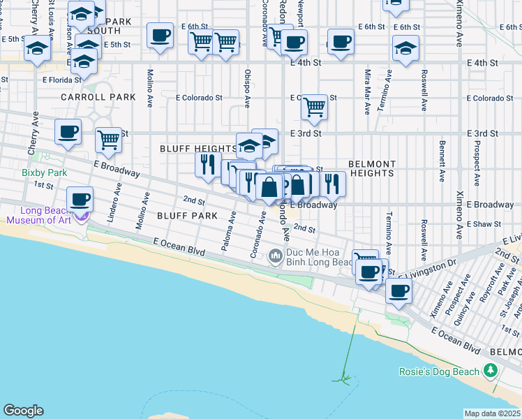 map of restaurants, bars, coffee shops, grocery stores, and more near 3300 2nd Street in Long Beach