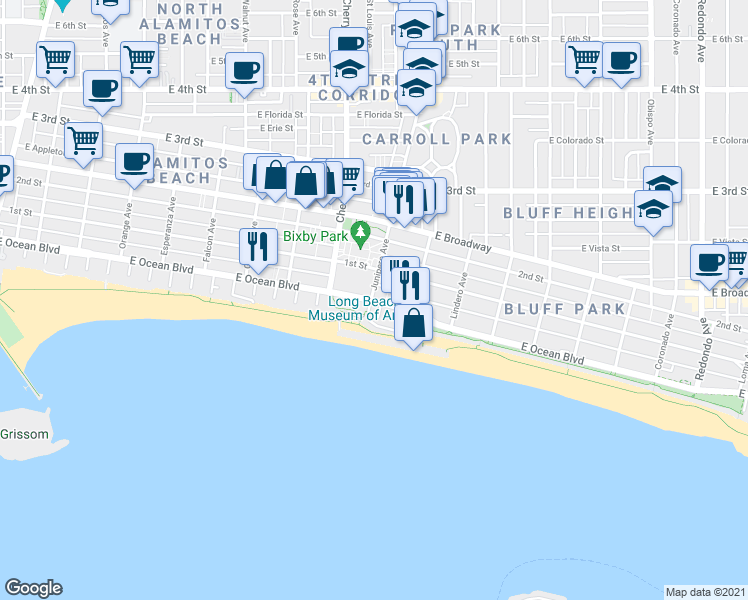 map of restaurants, bars, coffee shops, grocery stores, and more near in Long Beach