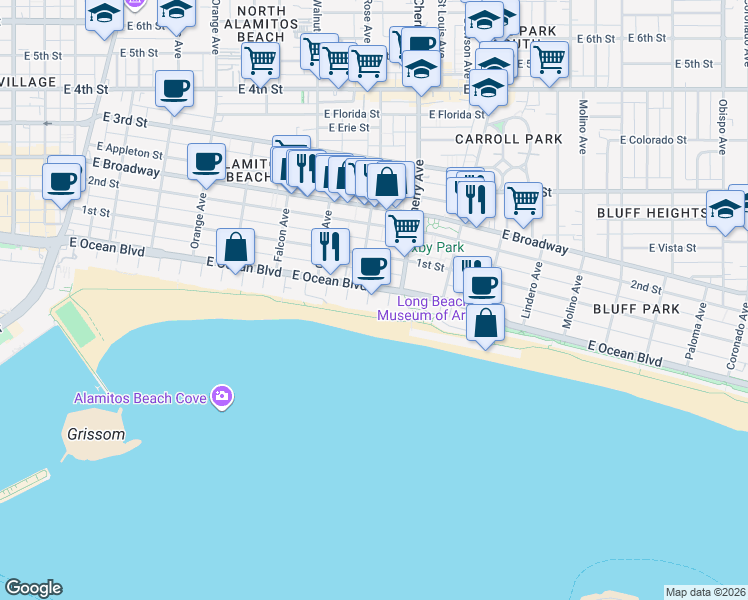 map of restaurants, bars, coffee shops, grocery stores, and more near 36 South 15th Place in Long Beach