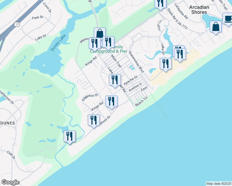 map of restaurants, bars, coffee shops, grocery stores, and more near 202 Maison Drive in Myrtle Beach
