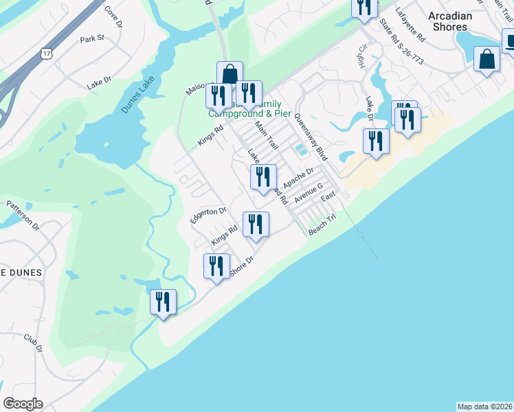 map of restaurants, bars, coffee shops, grocery stores, and more near 202 Maison Drive in Myrtle Beach