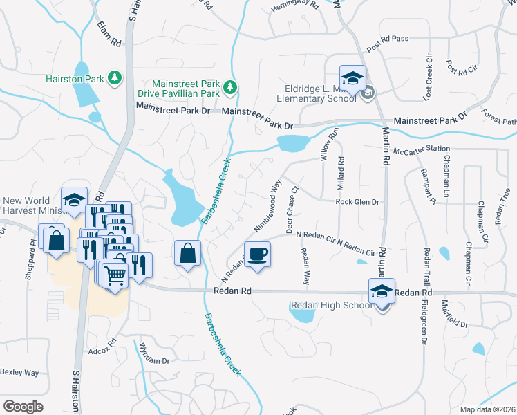 map of restaurants, bars, coffee shops, grocery stores, and more near 4944 Tivoli Park Court in Stone Mountain