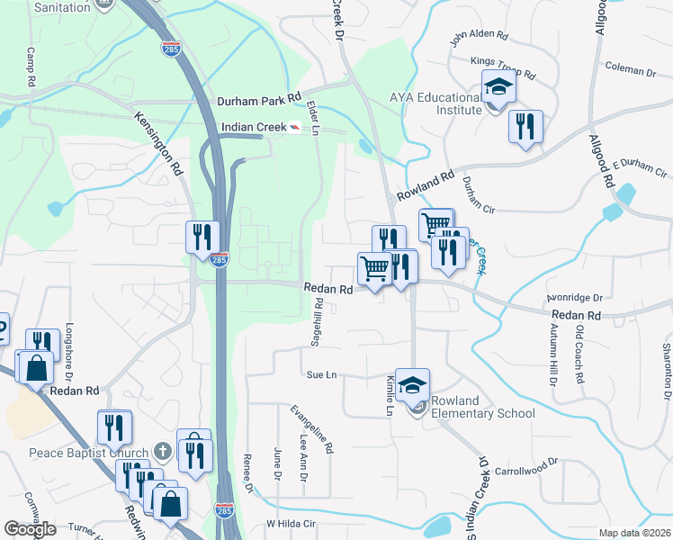 map of restaurants, bars, coffee shops, grocery stores, and more near 3973 Carlinswood Way in Stone Mountain