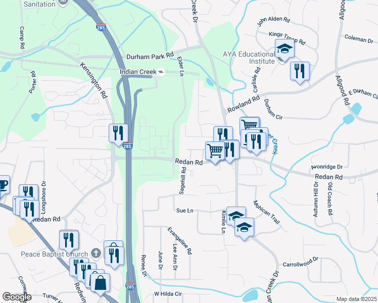 map of restaurants, bars, coffee shops, grocery stores, and more near 1067 Brittania Road in Stone Mountain